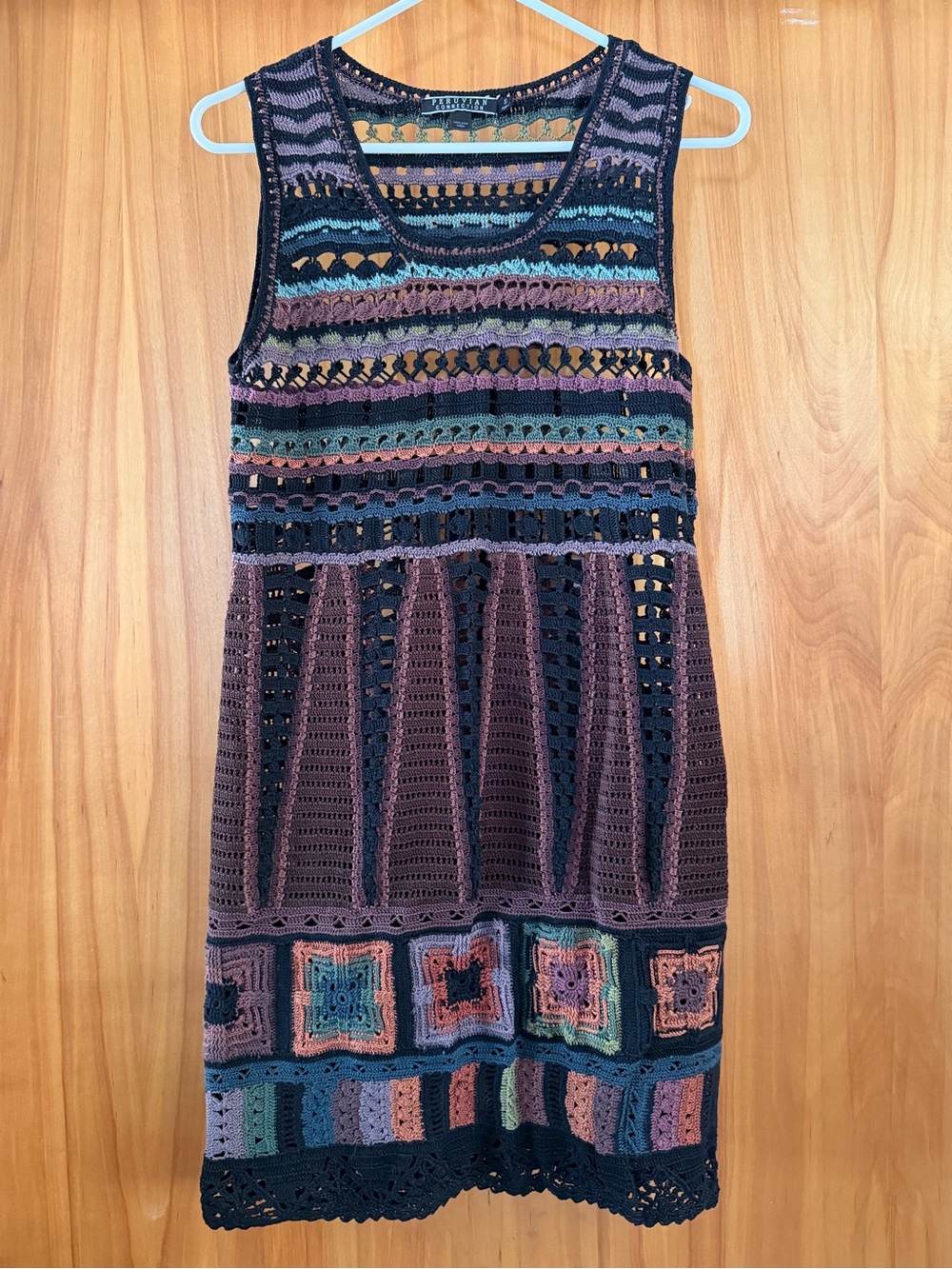 Peruvian Connection Black, Mauve, Teal & Coral Crochet Tank Dress